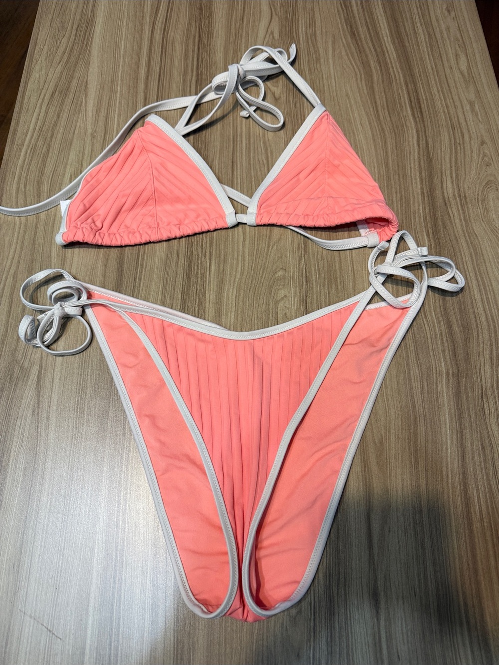 aerie Coral Pink Ribbed Tie-Side Triangle Bikini with White Trim
